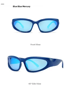 Vue avant et latérale de lunettes de soleil de sport bleues avec verres miroirs bleus