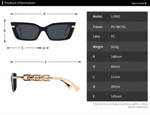 Detailed size chart for modern cat-eye sunglasses with dimensions and frame specifications