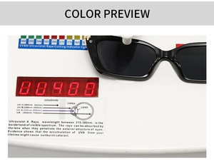 Close-up showing UV400 protection testing on black cat-eye sunglasses lens