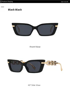 Detail of black cat eye sunglasses with distinctive gold metal chain-link hollow temples