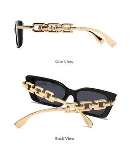 Side and back view of black cat-eye sunglasses with chunky gold chain temples