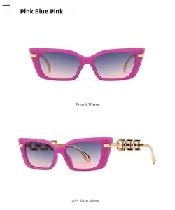 Cat eye sunglasses with pink glitter frame, gradient lenses, and gold hollow temples