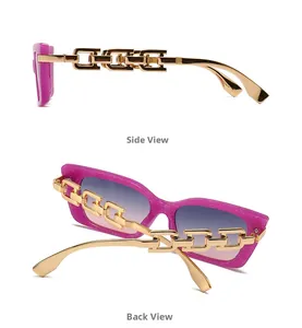 Detail view of purple glitter cat-eye sunglasses with gold chain temples on white background