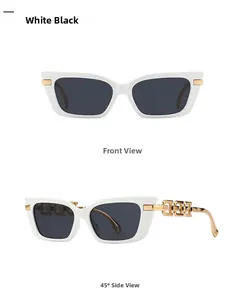 Front and 45-degree side view of white cat-eye sunglasses with gold chain temples