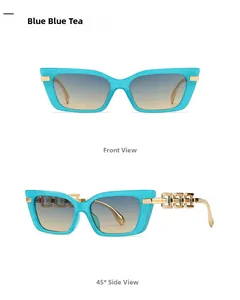Blue glitter cat-eye sunglasses with gold metal chain temple detail shown in two views