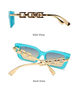 Detailed side and back view of blue glitter cat-eye sunglasses with gold chain temples