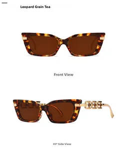 Detail of leopard print cat-eye sunglasses with golden chain accents and tea lenses