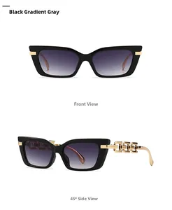 Front and 45-degree side views of black square cat-eye sunglasses with gold chain temples