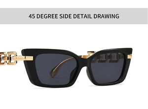 Detail view of cat-eye sunglasses featuring hollow golden metal chain-link temples