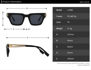 Tableau des tailles détaillé pour lunettes de soleil LH060 avec dimensions et spécifications