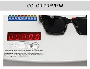 Démonstration détaillée de la protection UV400 sur lunettes de soleil carrées noires