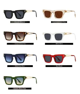 Vue détaillée de lunettes de soleil carrées montrant plusieurs couleurs et branches en métal