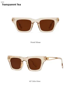 Vues détaillées de lunettes de soleil carrées thé transparent avec charnières dorées