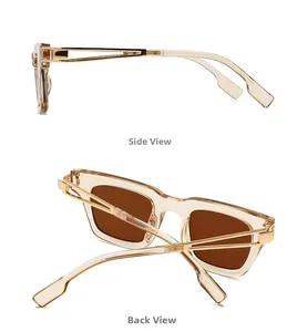 Détail de lunettes de soleil carrées champagne avec branches dorées ajourées et verres bruns