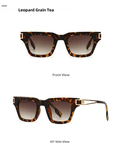 Détails de lunettes de soleil carrées léopard avec accents dorés et verres dégradés thé