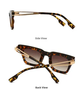 Détails de lunettes de soleil carrées en écaille avec branches dorées ajourées et verres dégradés