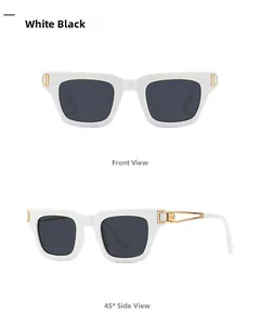 Vue de face et de côté de lunettes de soleil carrées blanches à détails dorés