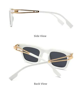 Détail de lunettes de soleil carrées blanches avec branches dorées vues de côté et de dos