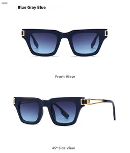 Vues de face et de côté de lunettes de soleil carrées avec monture bleue et détails dorés