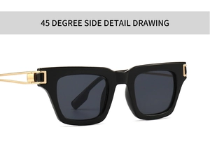 Vue latérale détaillée à 45 degrés des lunettes de soleil carrées noires avec branches dorées