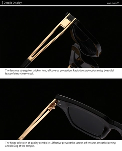 Détail de lunettes de soleil carrées avec charnières renforcées et branches dorées