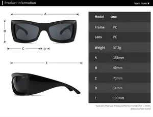 Detailed size chart for oversized cycling sports sunglasses with specific PC frame dimensions