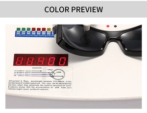 Detail showing oversized sunglasses on a UV400 tester for professional lens protection