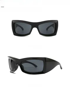 Front and side view of bright black large frame cycling sunglasses with dark gray lenses