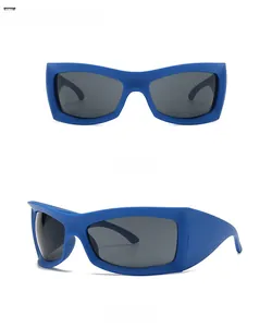 Front and side views of matte blue rectangle sports sunglasses with grey lenses