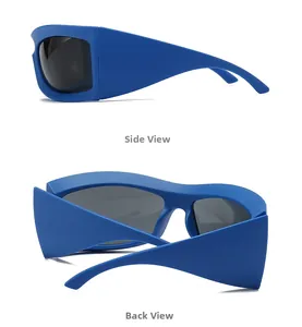 Side and back view of matte navy blue wrap-around sport sunglasses with grey lenses