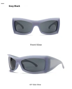 Front and 45-degree side views of trendy oversized purple matte sports sunglasses
