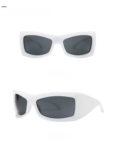 Front and side views of chunky white rectangular sports sunglasses with dark grey lenses