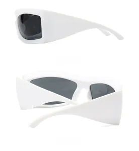 Side and back view of white oversized frame sunglasses with sporty wraparound design