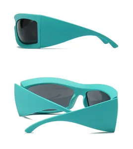 Detailed side and back views of teal oversized sports sunglasses with matte frames