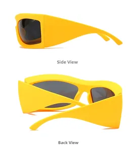 Side and back view of matte yellow oversized cycling sunglasses with dark lenses