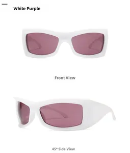 Front and side view of white rectangle sunglasses with purple lenses for cycling