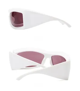 Side and rear view of white oversized cycling sunglasses with reddish-brown lenses