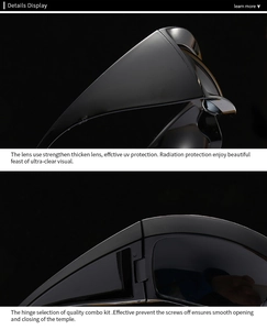 Detail view of reinforced thickened lenses and high-quality durable combo hinges on sunglasses