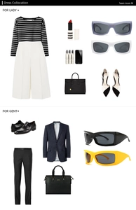 Flat lay of stylish oversized sunglasses with matching fashion outfits and accessories