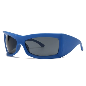 Royal blue wrap-around sports sunglasses with streamlined frame and dark grey lenses