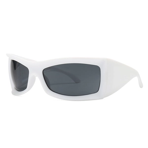 White oversized sports sunglasses with grey lenses and a streamlined wrap-around frame