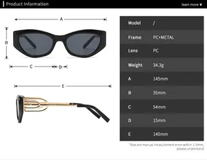 Detailed size chart for cat eye sunglasses featuring frame and temple dimensions