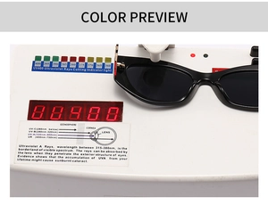 Detail showing cat eye sunglasses undergoing UV400 protection testing on lab equipment
