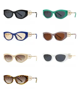 Collage of cat eye sunglasses with golden openwork temples in seven diverse colors