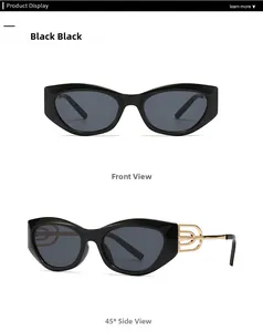 Close-up of cat-eye sunglasses featuring unique golden geometric metal cutouts on the temple