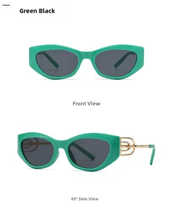 Detailed front and side view of green cat-eye sunglasses with golden metal accents