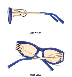 Detailed side and back view of cat-eye sunglasses with gold geometric hollow temples