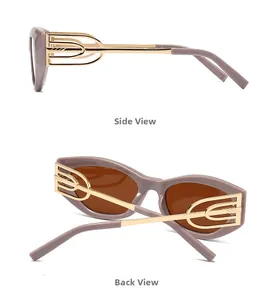 Detail of lilac cat eye sunglasses with gold U-shaped interlocking metal temples