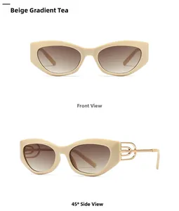 Detail view of cat eye sunglasses with beige frames and golden hollowed temples