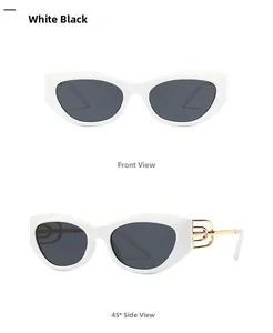 Front and 45-degree angle views of white cat-eye sunglasses with gold geometric temple detail